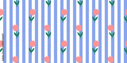 Cute seamless floral pattern with pink tulips and blue vertical stripes. Minimal spring background in a playful retro style.