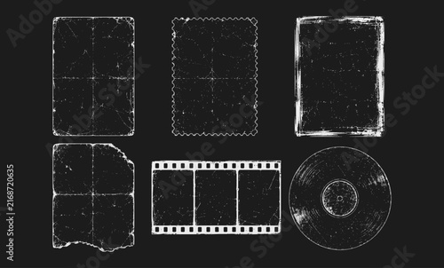 Grunge vintage collection with distressed paper frames, film strip and vinyl record. Retro worn textures for posters, collages and graphic design.