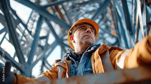 Industrial Worker's Gaze: A determined construction worker, clad in safety gear and a hard hat, surveys a massive steel structure from below, embodying the spirit of industry and progress.
