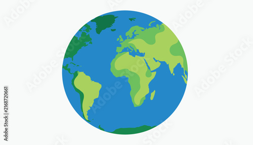 Simple flat design globe of planet earth showing green continents and blue oceans on a white background.