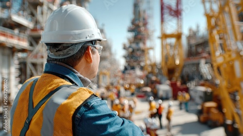 Construction Site Vigil: A vigilant construction worker in a hard hat and reflective vest surveys a bustling industrial site with towering cranes and ongoing development.