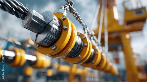 Heavy Machinery Rigging: A close-up view of industrial rigging on heavy machinery, highlighting the robust steel cable and yellow fixtures, emphasizing power and engineering.