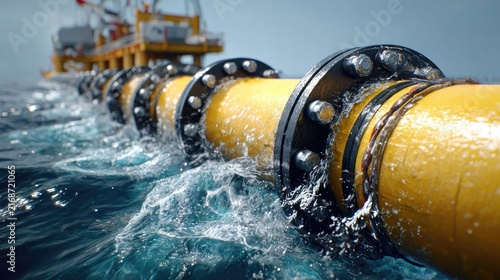 Subsea Pipeline Construction: A massive yellow pipeline with large bolted flanges snakes through the ocean waves, connected to a distant offshore platform.