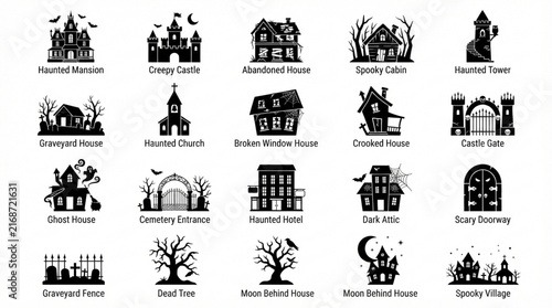 Detailed black silhouette icons of haunted houses and spooky halloween structures vector set with haunted house