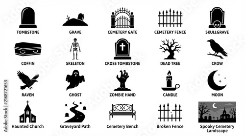 Set of halloween cemetery icons with tombstone grave skull cross tree raven ghost candle and spooky landscape