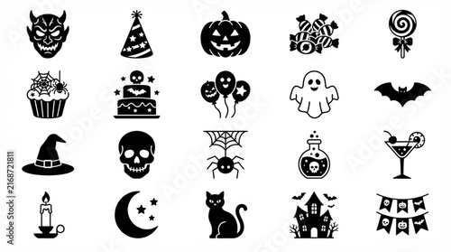 Halloween holiday icon set featuring pumpkins ghosts skulls witches and festive decorations