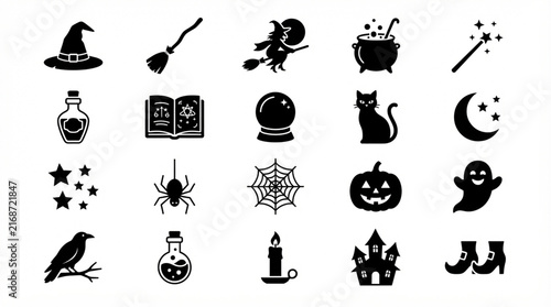 Magical witch vector icons set with spell books crystal balls potion bottles and cauldrons magic set witch hat