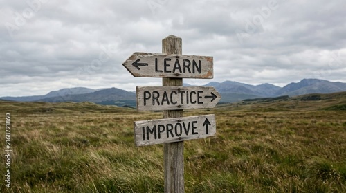 Wooden signpost with learn, practice, and improve directions