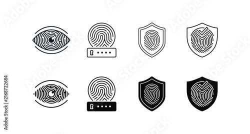 A collection of eight intricate black and white icons representing security identity