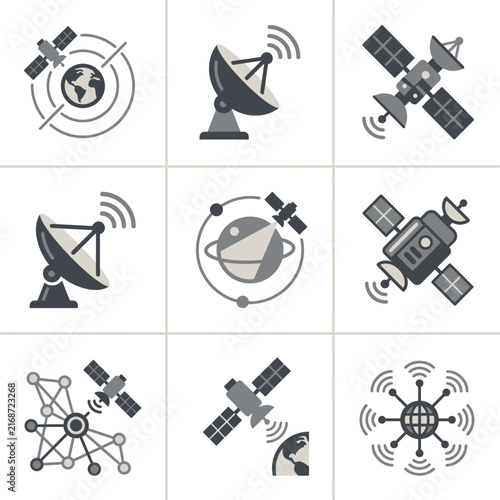 Collection of black and white satellite and communication icons.