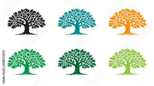 Mighty Oak Tree Silhouette Icon Set with Roots in Six Colors