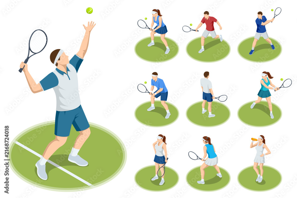 Fototapeta premium Isometric tennis player set with male and female athletes in match, serve and training poses