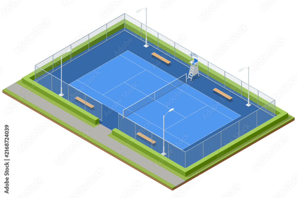 Fototapeta premium Isometric outdoor tennis court with net, umpire chair and benches for sports facility and recreation