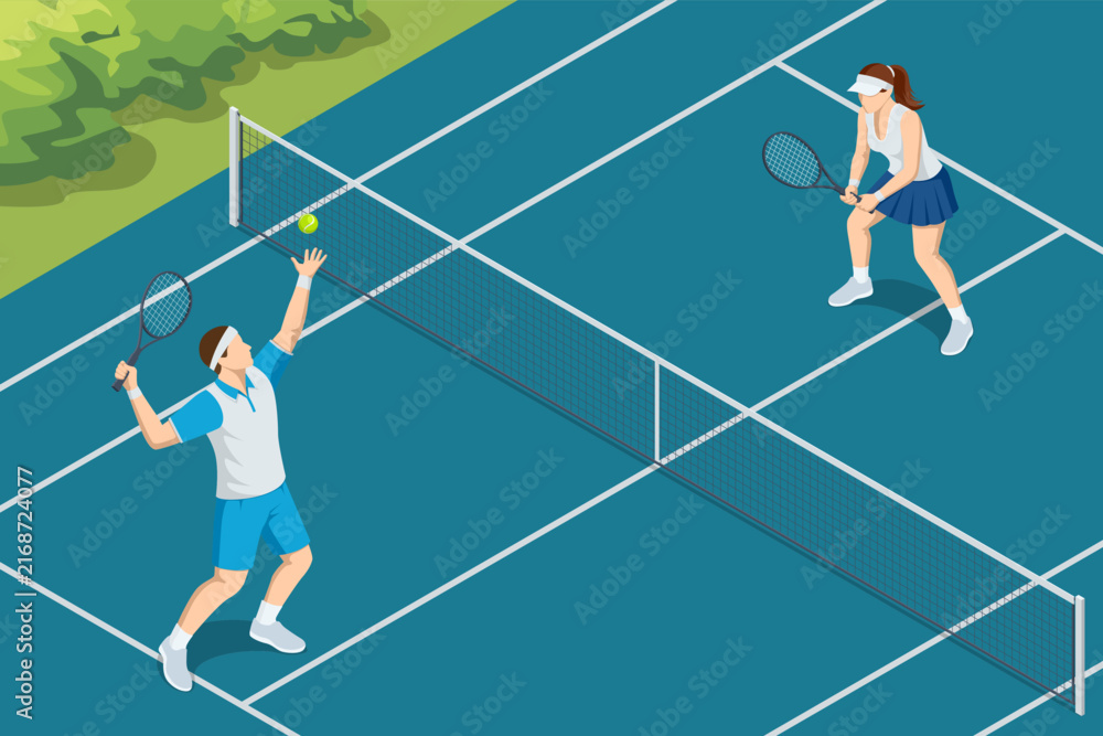 Obraz premium Isometric tennis match with male player serving and female opponent receiving on outdoor court