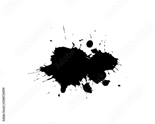 Black ink splat with spray droplets and grunge stains creates an artistic drop graphic element for creative street art designs on a transparent background.
