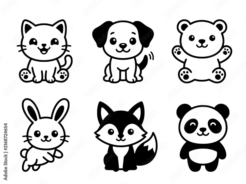 Fototapeta premium Set of cute animal characters in flat black and white vector line art style