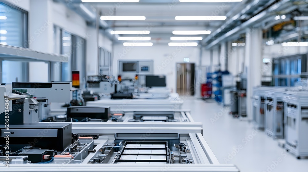 Fototapeta premium Modern industrial facility with organized hinery and clean lighting highlighting battery components in a technical workspace