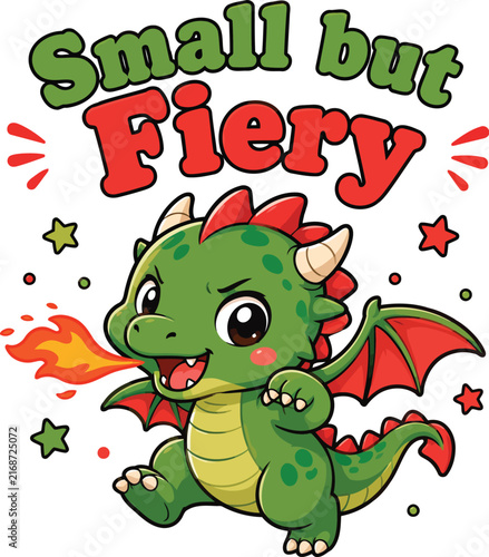 Small but Fiery Cute Cartoon Green Baby Dragon Breathing Fire Illustration. A whimsical illustration of a small, cute green baby dragon breathing fire