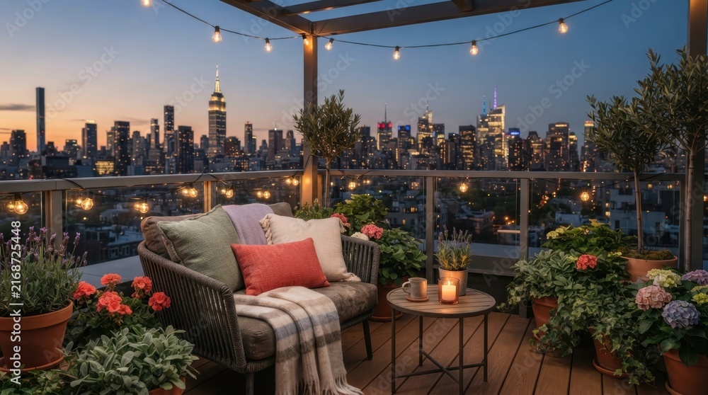 Fototapeta premium Rooftop Oasis at Twilight: A cozy and inviting rooftop seating area adorned with string lights, comfortable cushions, and potted plants overlooks a sprawling city skyline as dusk settles.