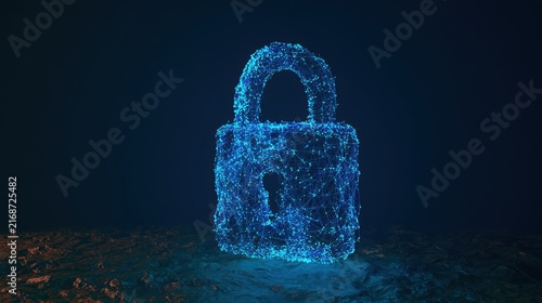 Blue wireframe padlock digital security and data protection law
