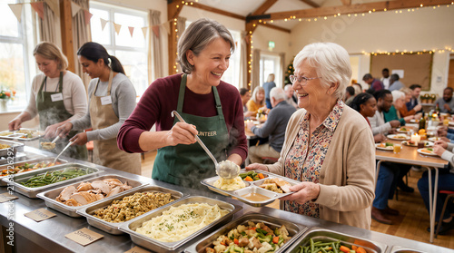Friendly volunteer serving hot Thanksgiving meal to senior woman at community charity center buffet counter indoors. Family day, autumn celebration concept with copy-space.
