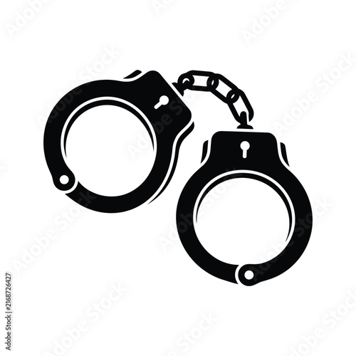 Police steel handcuffs icon in black silhouette style for justice concept.