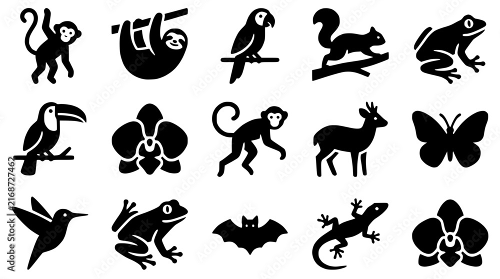 Fototapeta premium Jungle Animals Icon Set: Monkey, Sloth, Parrot, Squirrel, Frog, Toucan, Deer, Butterfly
