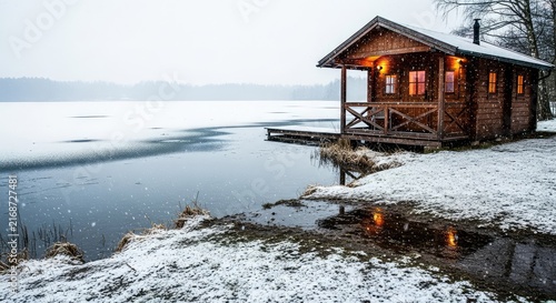 A rustic wooden spa cabin stands beside a lake with thin ice and damp ground as soft snow falls over a peaceful and quiet winter landscape, cabin, misty, frosty