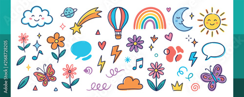 Colorful Hand Drawn Doodle Set with Cute Rainbow, Stars, Flowers and Playful Elements