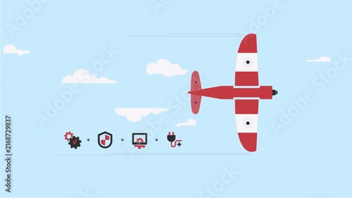Animation of red airplane flying in the sky with digital security icons.