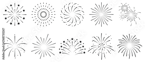 Firework line icon set. Vintage Fireworks collection for festival, sparks silhouette, explosion, burst shapes, new year celebration party. Fireworks for night sky background. Vector illustration.