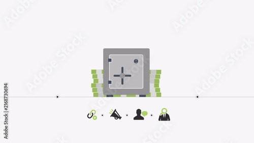 Business financial concept with metal safe and stacks of money.