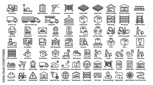 Forklift Truck with Trailer, Depicting Logistics and Warehouse Operations with Various Related Icons and Symbols.