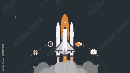 Business Startup Concept Animation with Rocket Launching into Space.