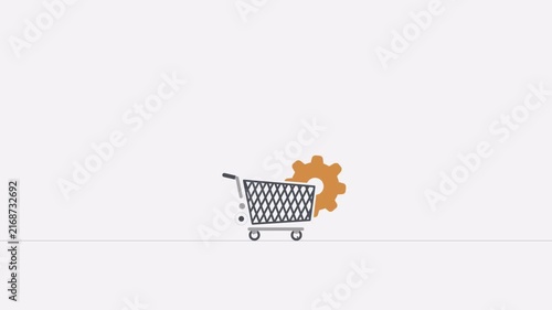 Minimalist animation of a shopping cart with a rotating gear symbol.