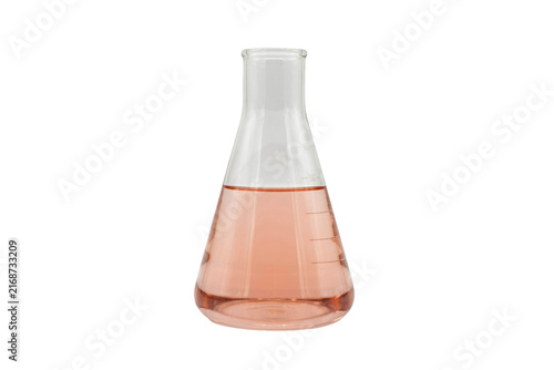 Clear glass erlenmeyer flask containing a pink liquid chemical solution with measurement markings on the side isolated on a transparent background