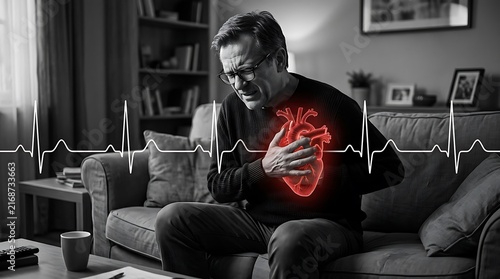 World heart day concept showing man with chest pain and pulse line