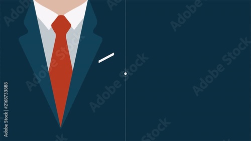 Professional business attire with red necktie and dark blue suit jacket.