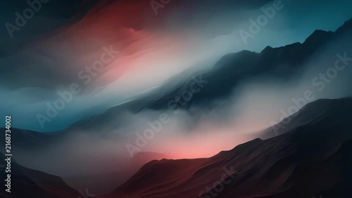 Abstract dark landscape with misty, flowing layers of red, black, and gray hues