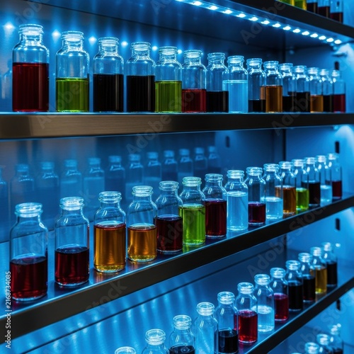 Rows of small glass vials filled with colorful liquids on laboratory shelves under blue light