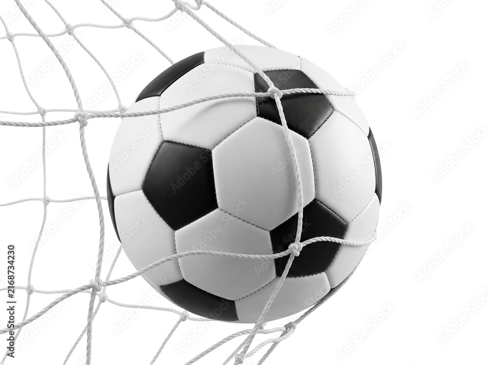 Fototapeta premium Soccer Ball Hitting Goal Net Isolated on Transparent Background PNG for Scoring Concept