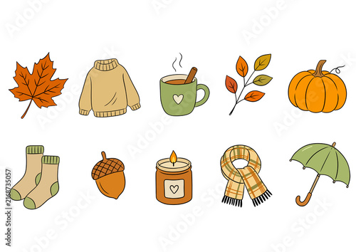 Cozy Autumn Collection with Pumpkin, Sweater, Leaves and Warm Drink