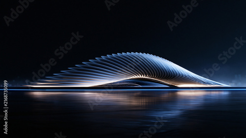 A master-level abstract architectural landscape of layered white ceramic slabs stacked at asymmetric angles above a glossy black plane, outlined with subtle cool blue rim lighting.