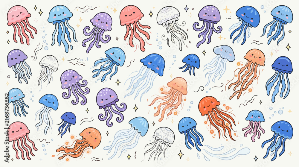 Obraz premium Cute Colorful Jellyfish Pattern Vector Illustration with Hand Drawn Sea Life Cartoon Characters