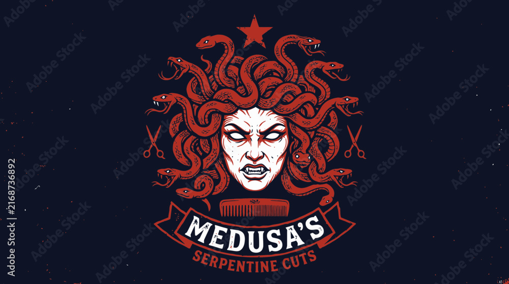 Fototapeta premium Vintage Medusa Barbershop Logo with Snake Hair and Barber Tools on Dark Background