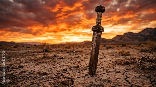 Ancient Roman gladius sword stuck in parched cracked desert earth under dramatic golden sunset sky representing historical conquest power and end of an empire photography landscape shot