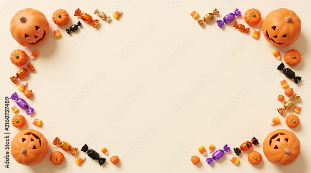 Fototapeta premium Festive Halloween pumpkin and candy border, spooky jack-o'-lanterns, sweet treats, seasonal autumn holiday frame, cheerful October celebration background.