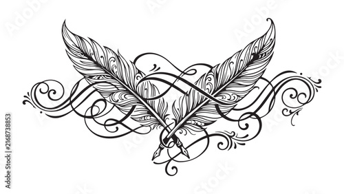 Elegant Vintage Feathers with Ornate Swirls and Flourishes - Artistic Design Element