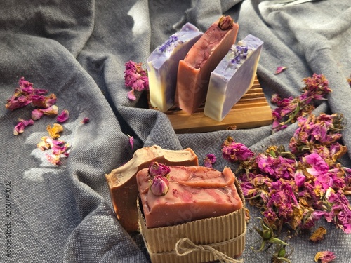 Foto Composition of colorful artisanal cold process soap bars, including a pink soap
