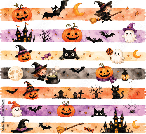 Cute Halloween Seamless Pattern with Pumpkins Ghosts and Witches. A horizontal striped seamless pattern featuring hand-drawn watercolor Halloween elements like pumpkins black cats ghosts and haunted